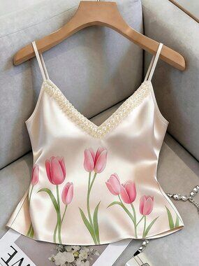 Champagne Casual Women's pearl detailled Spaghetti Strap cami Top